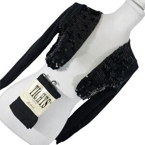 JUSTICE! LUXE BLACK SEQUINNED BOLERO STYLE SWEATER, + NEW BLACK TIGHTS! SZ 12/14
